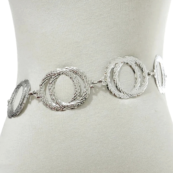 Gorgeous Silver Etched Double Circle Vintage Look Boho Fashion Chain Belt NWT - Picture 1 of 5